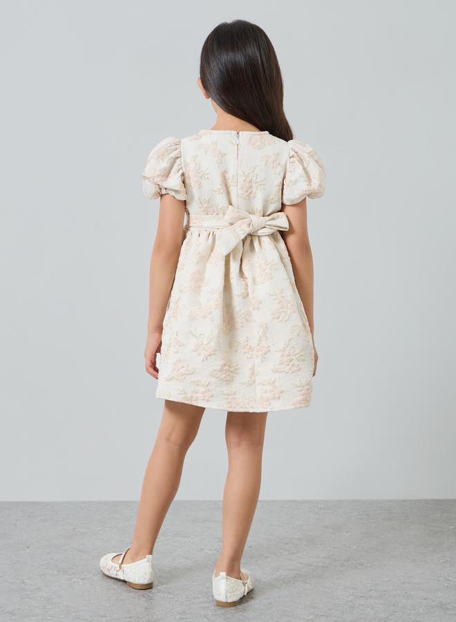 Styli Girls Gold Floral Jaquard Fit and Flare Party Dress - Image 4